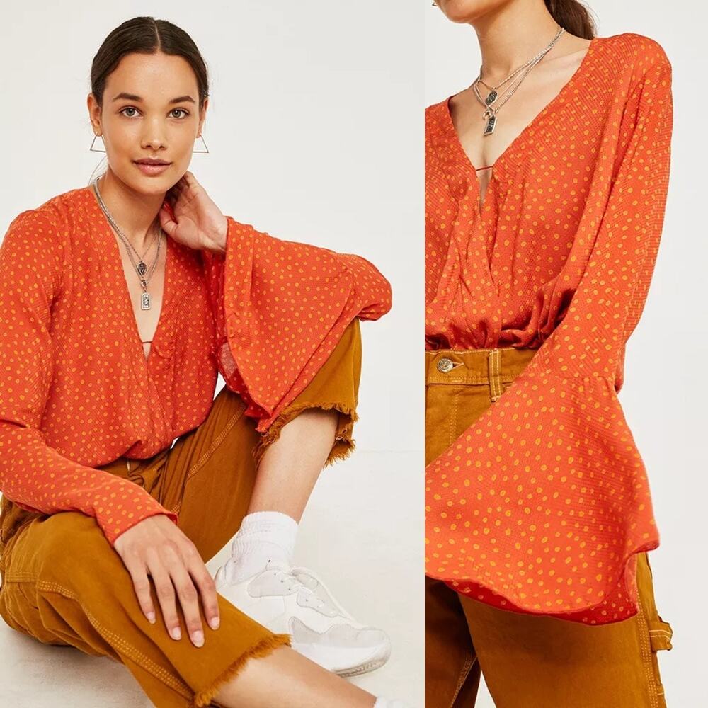 Free People Intimately Bodysuit M Rust Polka Dot Bell Sleeve Lace Thong Rayon